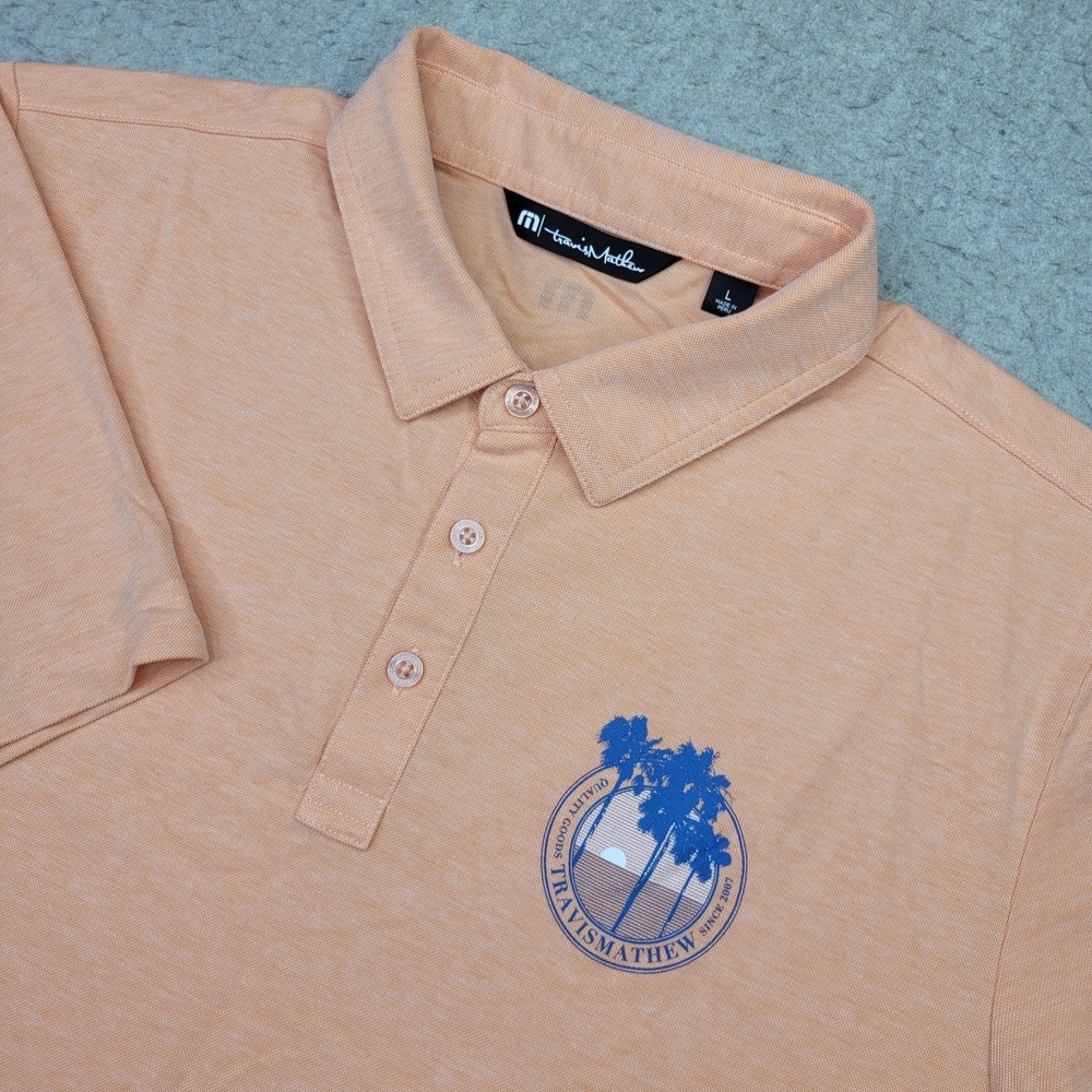Travis Mathew Polo Shirt Mens Large Peach Short Sleeve Palm Trees Golf Preppy